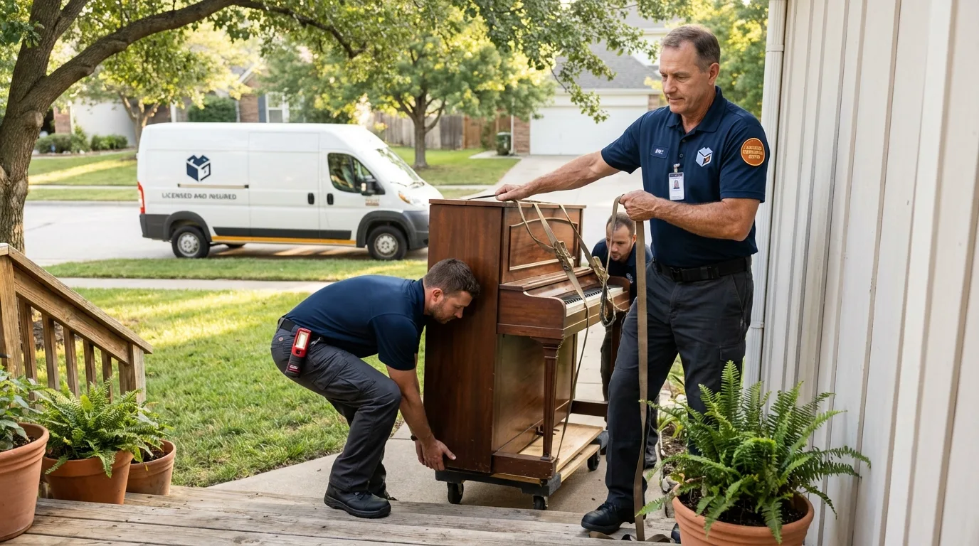 Licensed piano movers securing grand piano in Tremont, IL