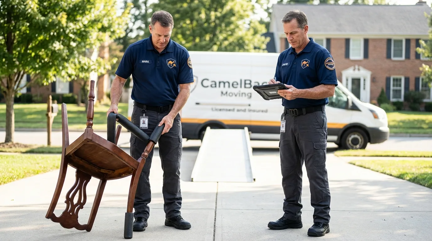 Movers inspecting furniture for damage prevention before loading in Tremont, IL