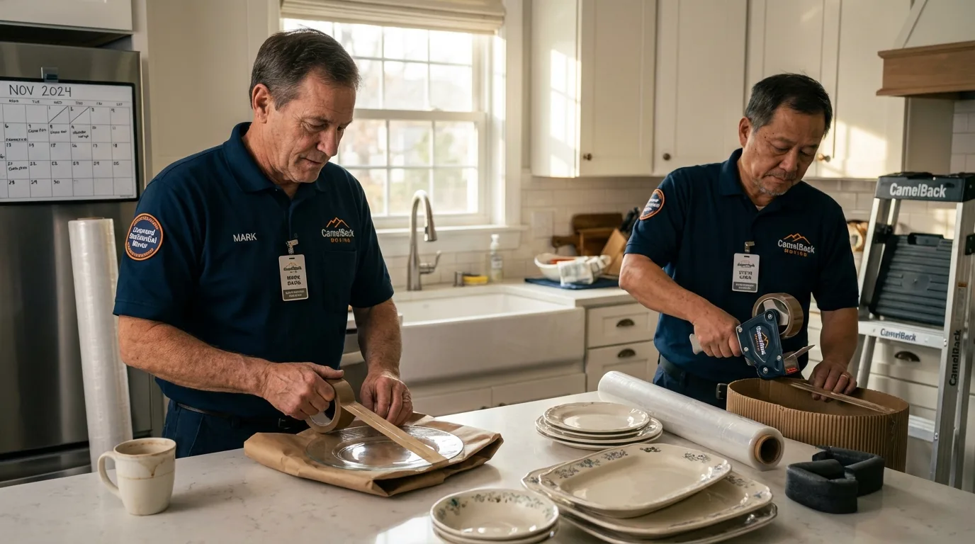 Professional crew packing kitchen dishware in Tremont, IL
